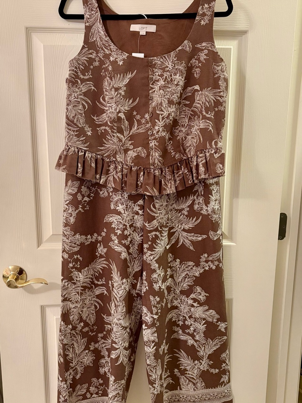LOFT Brown and White Floral Ruffle Waist Sleeveless linen pantsuit